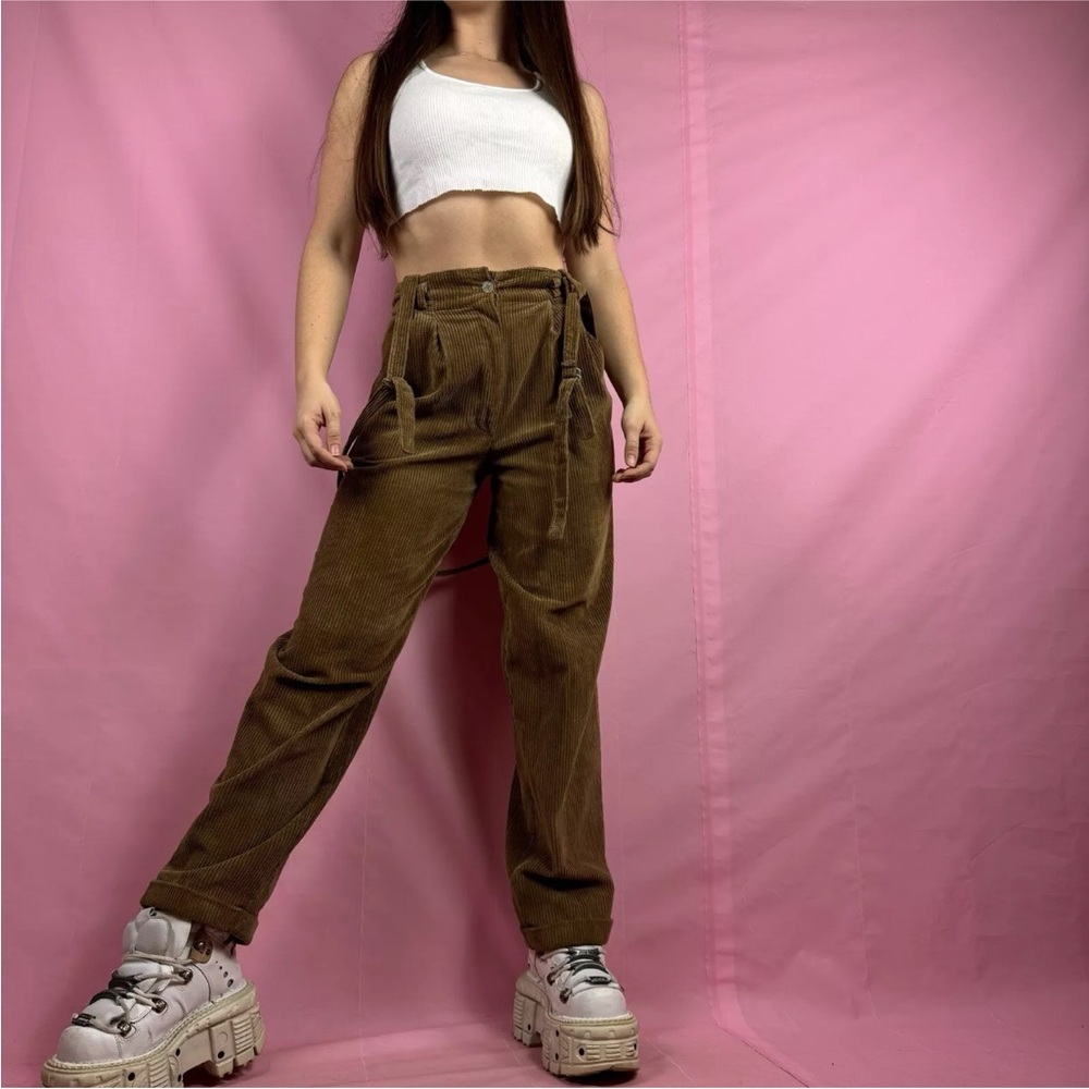 Vintage Unisex High Waisted Suspenders Pleated Brown Corduroy Trouser Pants